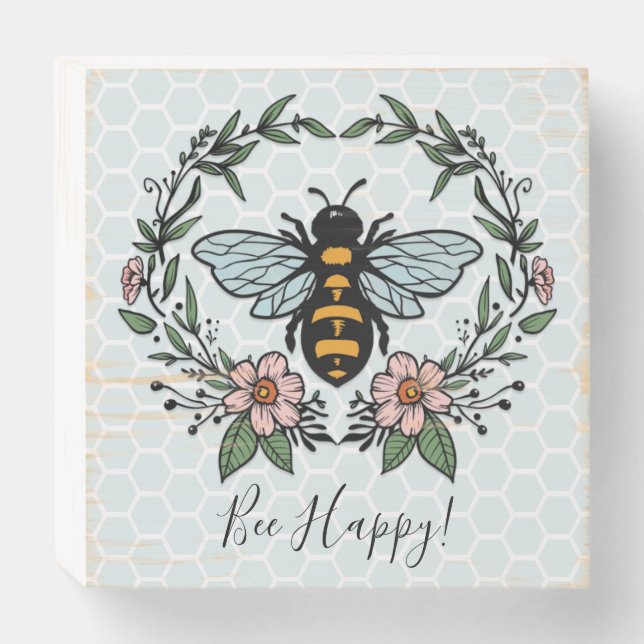 Bee Happy Floral Wreath Inspirational Wooden Box Sign (Front Horizontal)
