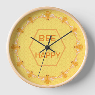 Bee Happy honey bees on yellow honeycomb Clock