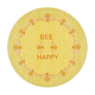 Bee Happy honey bees on yellow honeycomb   Cutting Board