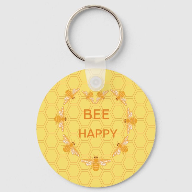Bee Happy honey bees on yellow honeycomb Keychain (Front)