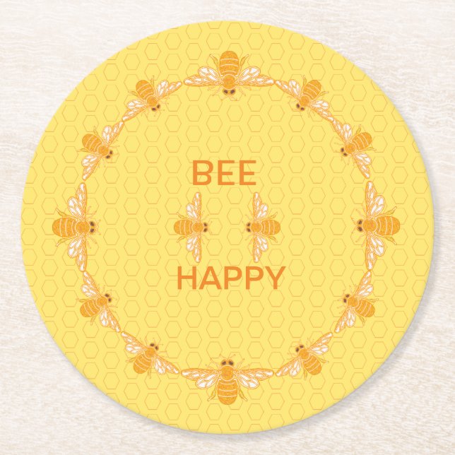 Bee Happy honey bees on yellow honeycomb    Round Paper Coaster (Front)