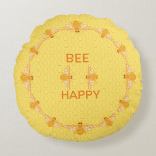Bee Happy honey bees on yellow honeycomb  Throw Pi Round Pillow