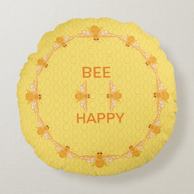 Bee Happy honey bees on yellow honeycomb  Throw Pi Round Pillow (Front)