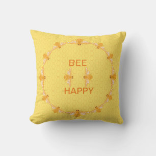 Bee Happy honey bees on yellow honeycomb  Throw Pillow