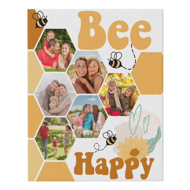 Bee Happy Honeycomb 6 Photo Collage Faux Canvas Print (Front)