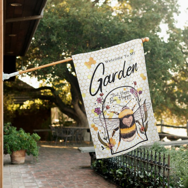 Bee Happy Honeycomb Summer House Flag (In SItu)