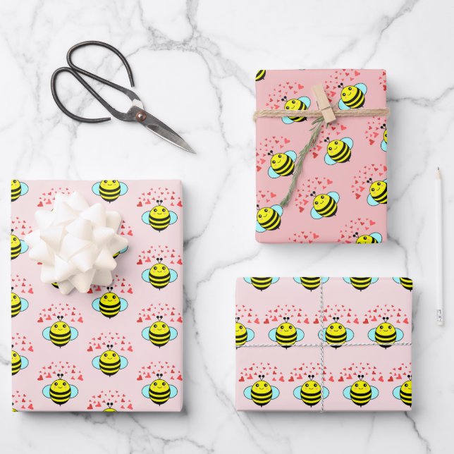 Bee Happy Love Heart Wrapping Paper Sheets (Front)