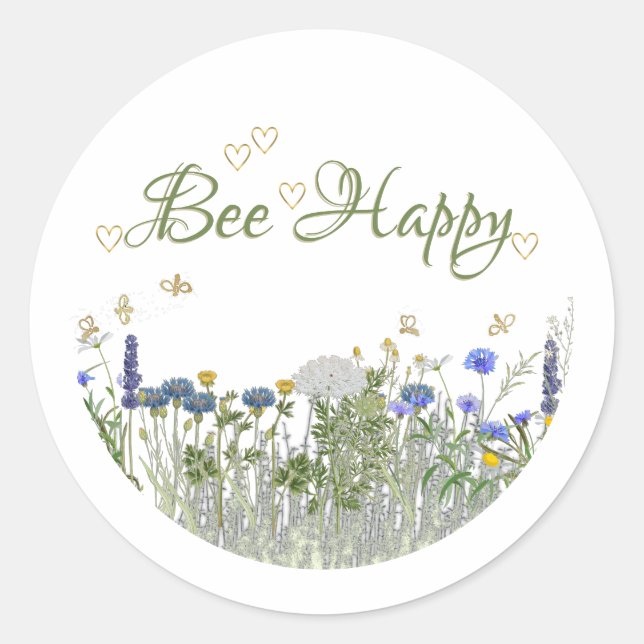 BEE HAPPY Meadow Flowers and Bees Lid Label (Front)