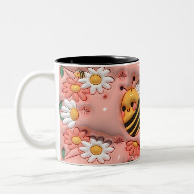 Bee Happy Pink Floral Bumble Bee Two-Tone Coffee Mug (Left)