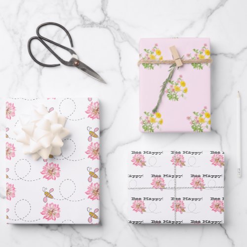 Bee Happy Pink Wildflower  Wrapping Paper Sheets