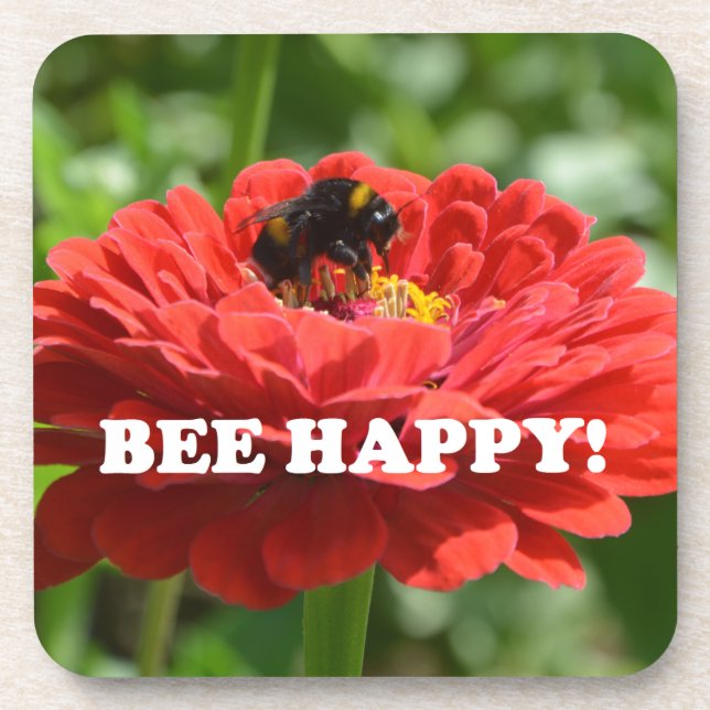 Bee Happy Red Flower Beverage Coaster (Front)