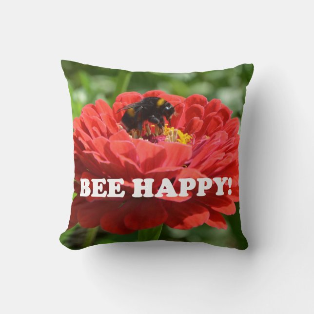 Bee Happy Red Flower Throw Pillow (Front)