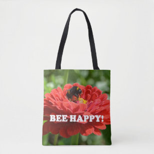 Bee Happy Red Flower Tote Bag