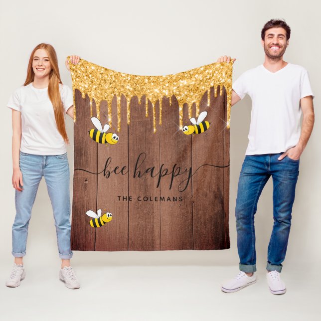 Bee happy rustic bees brown barn wall monogram fleece blanket (In Situ)