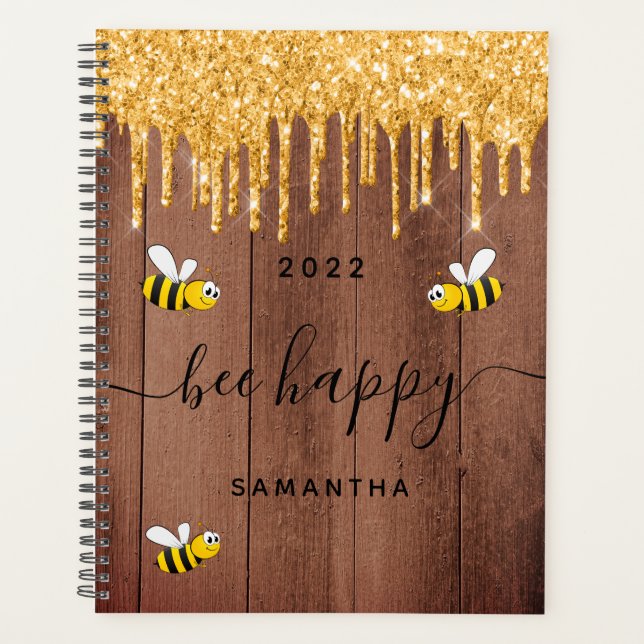 Bee happy rustic bumble bees brown barn wall 2022 planner (Front)