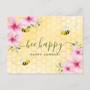 Bee happy summer bumble bees pink floral greetings postcard