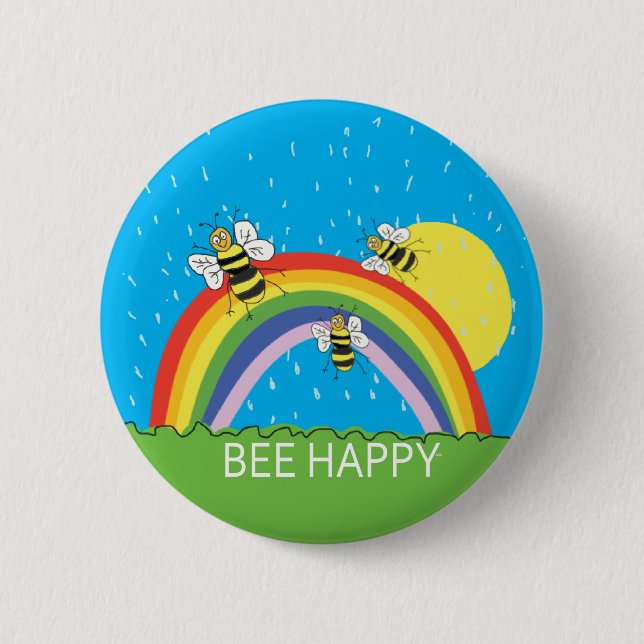 Bee Happy Summer rainbow sunshine bees honey Button (Front)