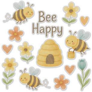 "BEE HAPPY"- süße Bienen mit Blumen- Aquarell Sticker