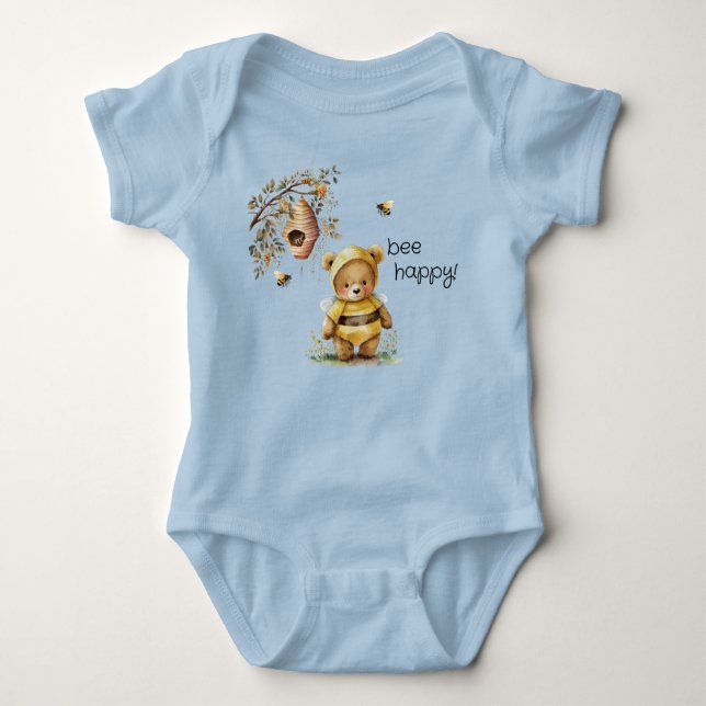 Bee Happy! Teddy Bear In Bumble Bee costume Baby Bodysuit (Front)