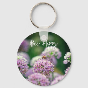 Bee Happy with Purple Allium Flower Motivational Keychain