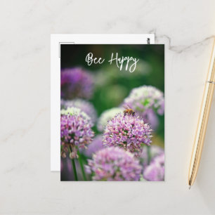 Bee Happy with Purple Allium Flower Motivational Postcard