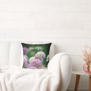Bee Happy with Purple Allium Flower Motivational Throw Pillow