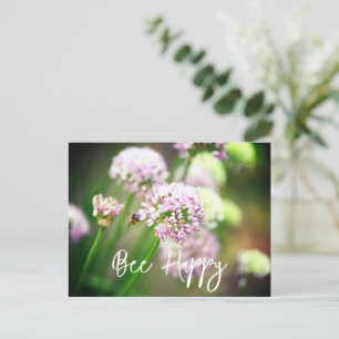 Bee Happy with Purple Diagonal Allium Flowers Holiday Postcard