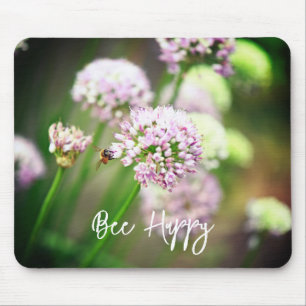 Bee Happy with Purple Diagonal Allium Flowers Mouse Pad