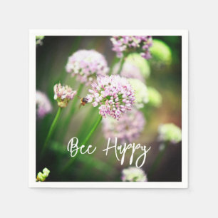 Bee Happy with Purple Diagonal Allium Flowers Napkins