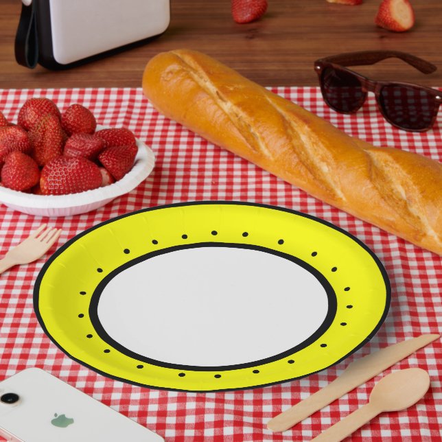 Bee Happy Yellow Black Polka Dots Paper Plates (Picnic)