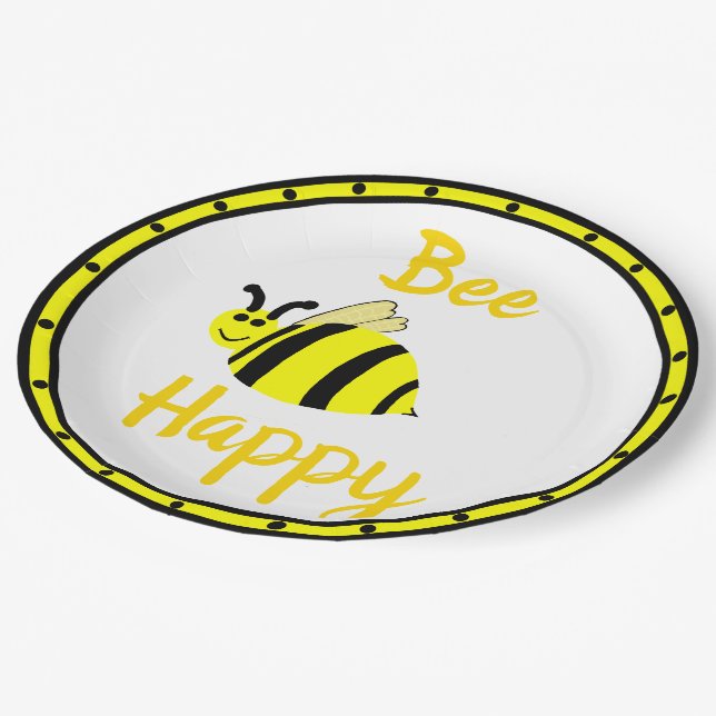 Bee Happy Yellow Bumble Bee Paper Plates (Angled)