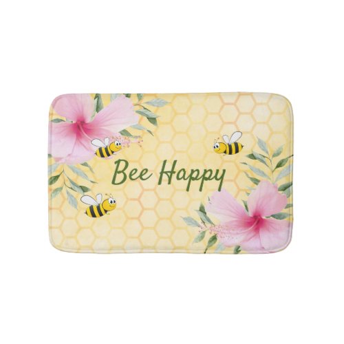 Bee Happy yellow honeycomb pink florals Bath Mat