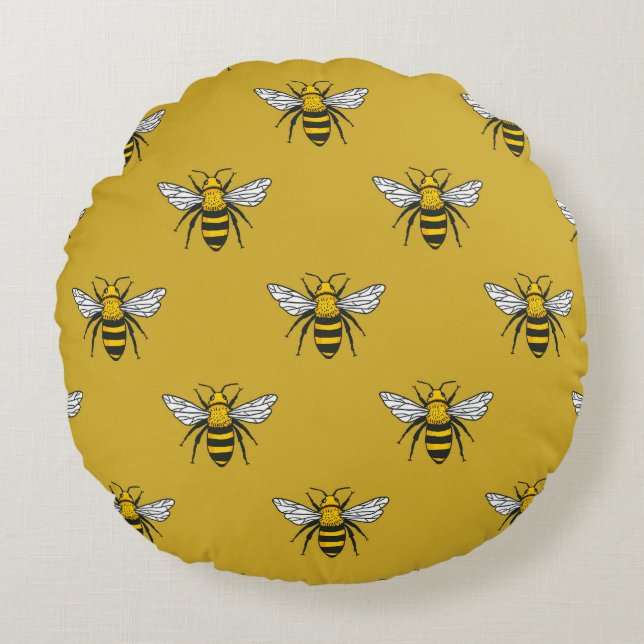 Bee Haven: Vintage Yellow Pattern Round Pillow (Front)