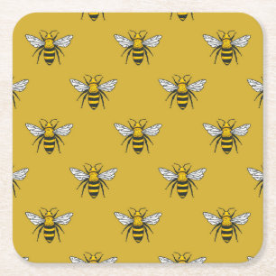 Bee Haven: Vintage Yellow Pattern Square Paper Coaster