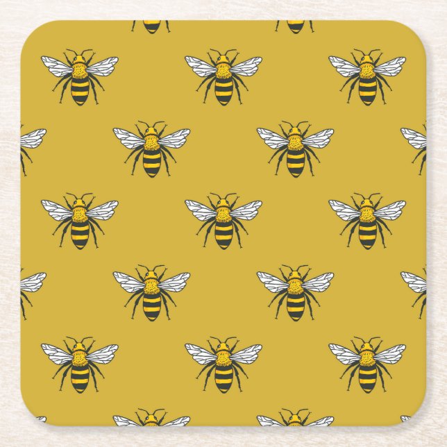 Bee Haven: Vintage Yellow Pattern Square Paper Coaster (Front)
