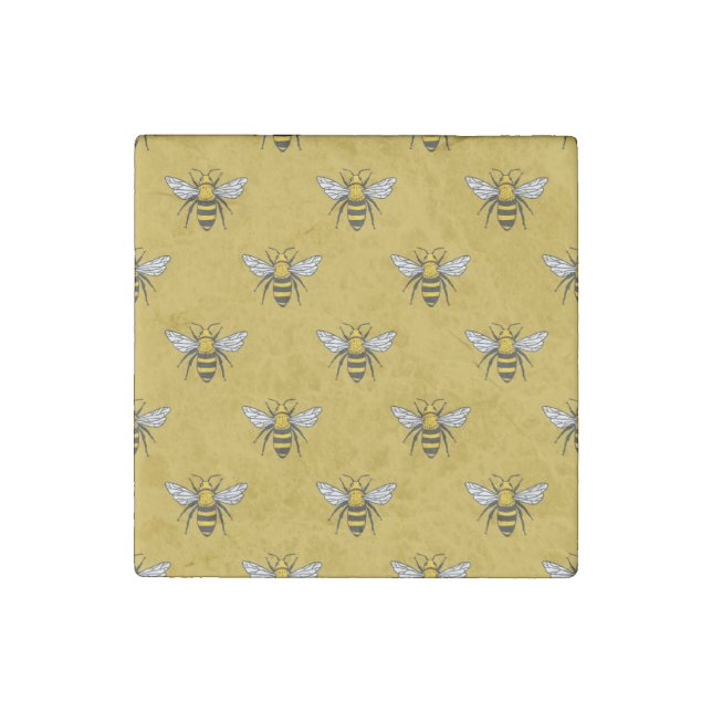 Bee Haven: Vintage Yellow Pattern Stone Magnet (Front)