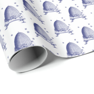 Bee Hive and Bees #2 Heraldic Vintage Blue Wrapping Paper