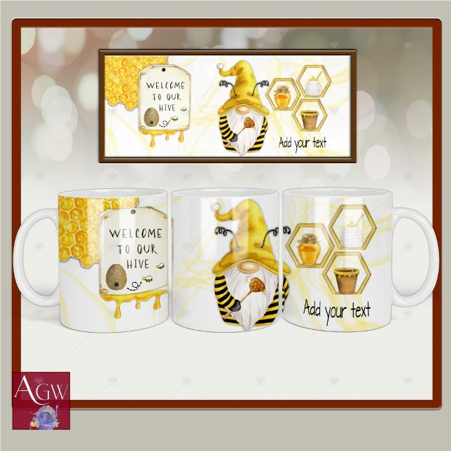 Bee Hive Gnome Honey Comb Welcome Mug (Bee Hive, Bee Keeper, Bee Gnome, Welcome to our Hive, )