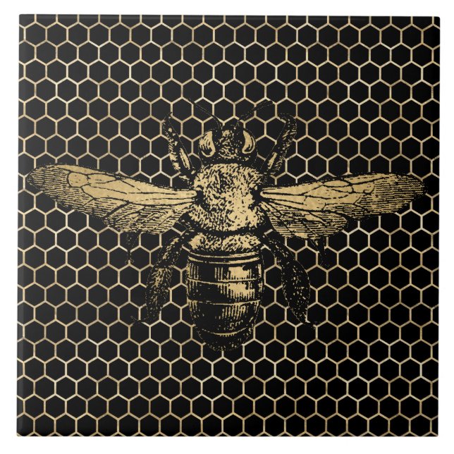 Bee Hive Rustic Gold Honeycomb Black Ceramic Tile (Front)