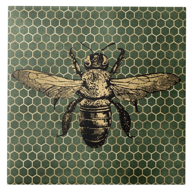 Bee Hive Rustic Gold Honeycomb Green Ceramic Tile (Front)