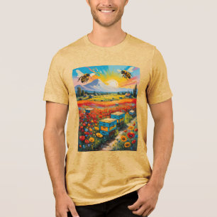 Bee Hives Poppies And Bees With Vibrant Sunrise Tri-Blend Shirt
