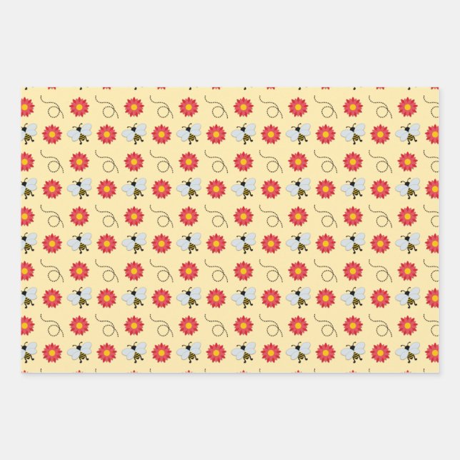 Bee Honey And Flower Wrapping Paper Sheets (Front)