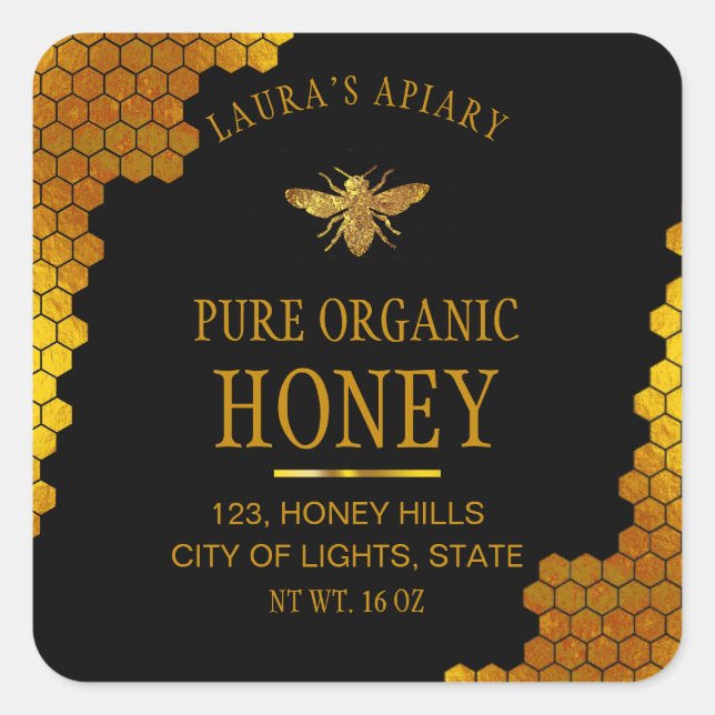 Bee Honey Jar Lid Product Label Apiary Honeycomb (Front)