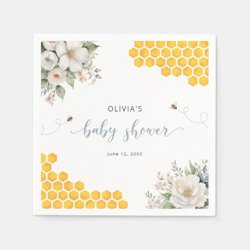 Bee Honey Rose Hip Flowers Baby Shower Napkins