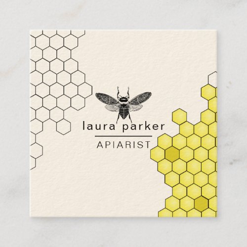 Bee Honey Seller Apiarist Black Yellow Hexagon Square Business Card