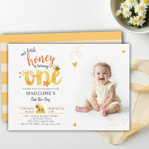 Bee Honey Theme Whimsical Cute Photo 1st Birthday Invitation