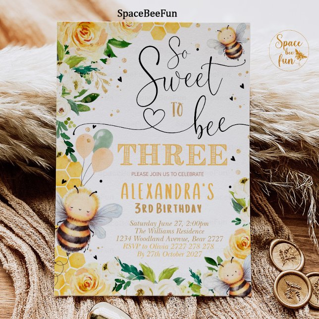Bee Honey THREE Birthday invitation Bee Honey Part (Bee Honey invites,3RD Birthday,invitation,Girl boy Bee,Honey Party Pink,So Sweet to,Bee invites,thre)