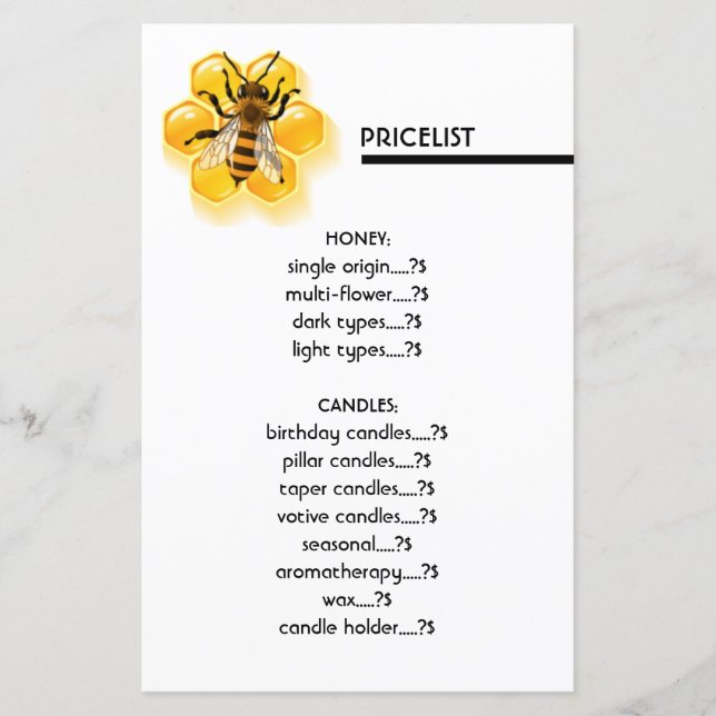Bee & Honey White Pricelist (Front)