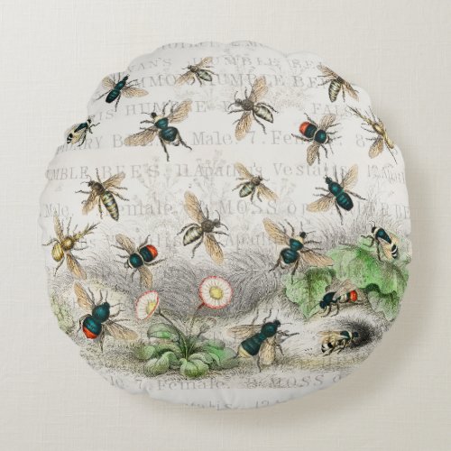 Bee Honey Worker Queen Bees Antique  Round Pillow