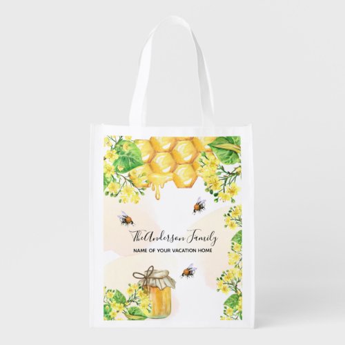 Bee honey yellow florals family name grocery bag